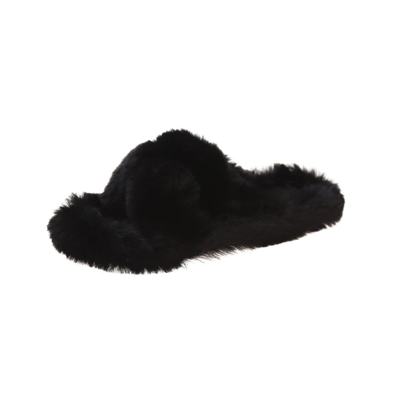 Fashion One Word Thick Fur Slippers Double Fur Slippers Casual Home Cotton Shoes for Women Flat Plush Cross Straps Slippers2025