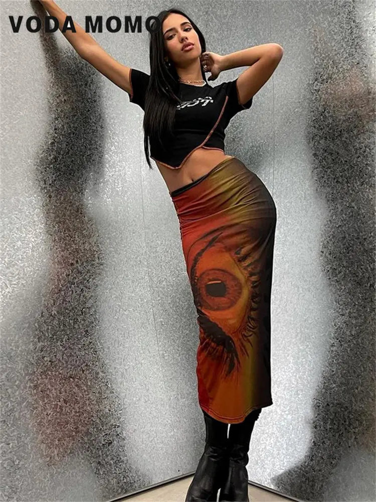 Retro Y2k Fairy Grunge Clothing Summer Trend Sexy Eye Print Midi Skirts Women Harajuku High Waist Goth Dark Tie Dye Long Skirt