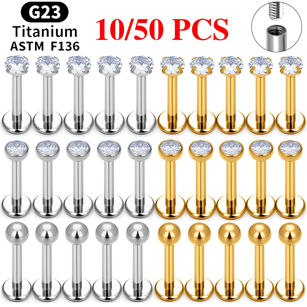 10/50PCS G23 Ttianium Piercing Labret Lip Stud Ring CZ 16G Internal Thread Stud Earring Ear Tragus Cartilage Helix Daith Jewelry