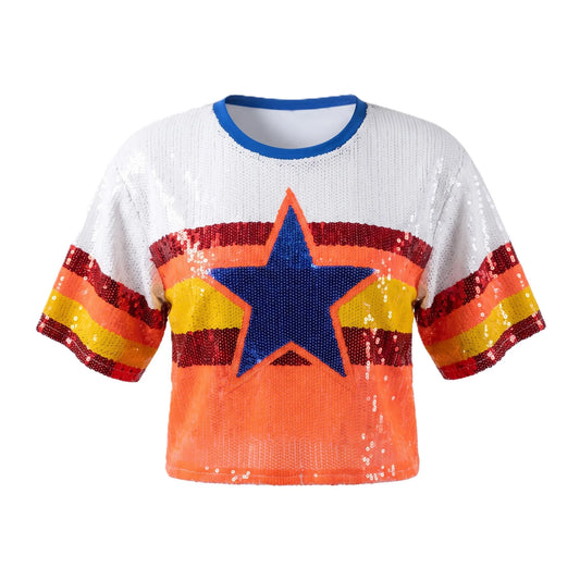 Summer Contrast Color Patchwork Geometry Letter Streetwear Short T-Shirt Sequins Hip Hop Night Club Women's Tops