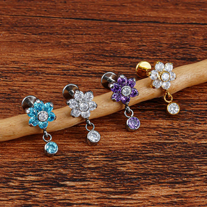 Right Grand ASTM F136 Titanium 16G Flower CZ Drop Dangle Flat Earring Tragus Helix Lobe Stud Piercing Jewelry