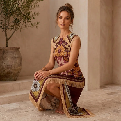 Vintage Bohemian Scarf Print Midi Dress Women Elegant Floral Sleeveless Wrap Dress Summer Asymmetrical Handkerchief Hem Fringe
