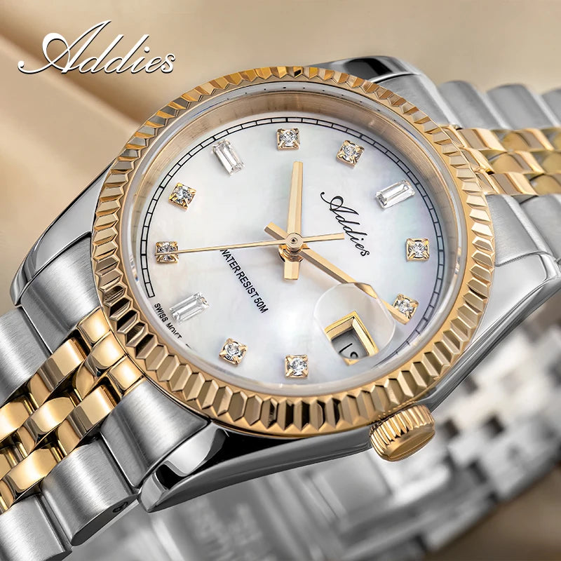 Addies Ladies Dress Watch Movement Mother-Of-Pearl Dial 28mm Sapphire Czech Rhinestone 50m Waterproof Sport Women Quartz Watch