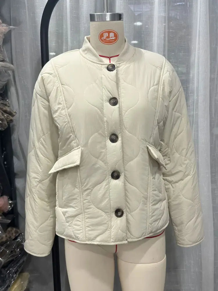 HH Female Autumn Casual Quilting Cotton Jacket Long Sleeve Single Breasted Solid With Pockets Winter Vintage Loose Warm Coat