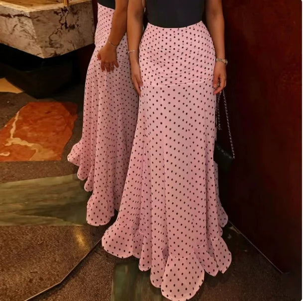 French Vintage Polka Dot Midi Skirt Women Elegant Chiffon High Waist Fish Tail Skirt Ruffle Hem Office Work Party Skirt For Lady