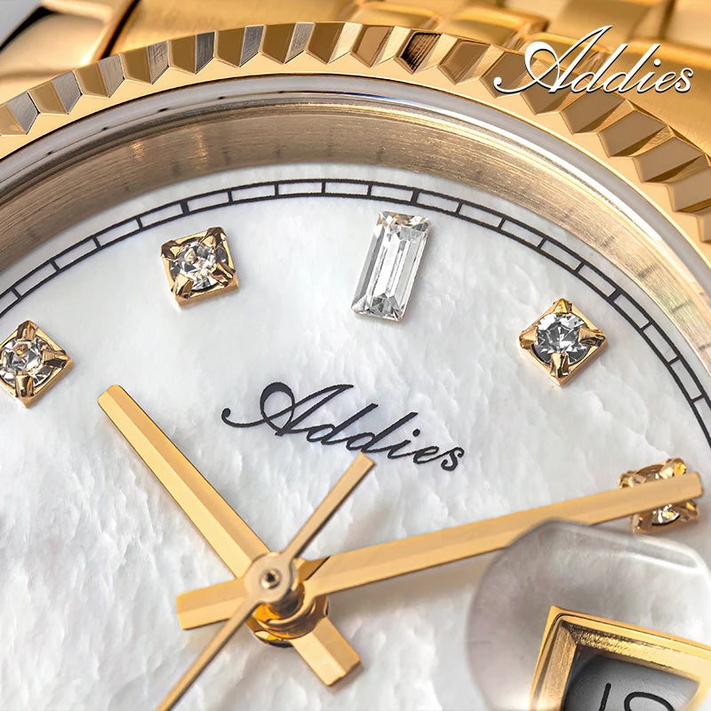 Addies Ladies Dress Watch Movement Mother-Of-Pearl Dial 28mm Sapphire Czech Rhinestone 50m Waterproof Sport Women Quartz Watch