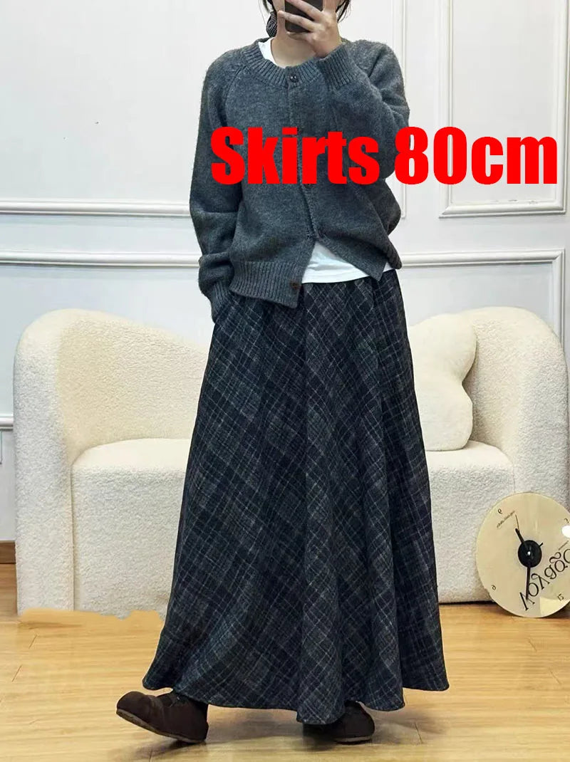 Vintage Plaid Midi Skirts for Women Korean High Waist Casual Faux Wool Skirts Y2K Elegant Office Lady All Match A Line Skirts