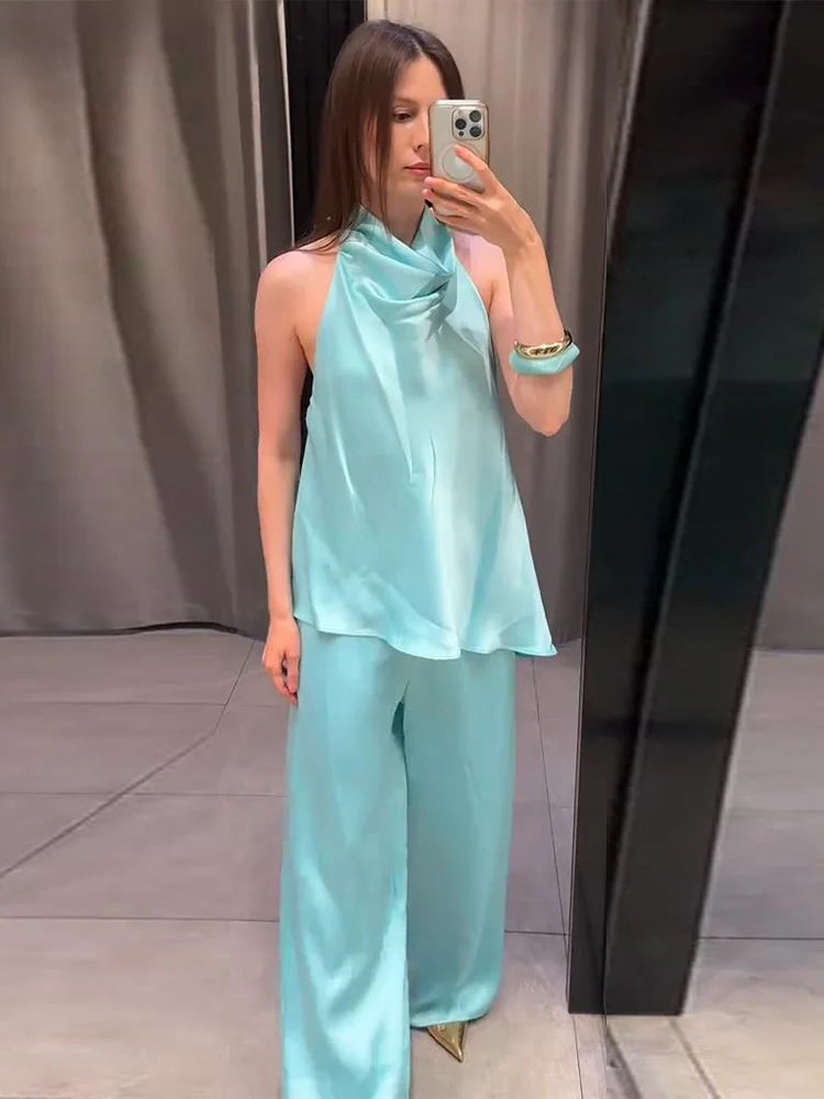Solid Satin Halter Draped Collar Jumpsuit Backless Sleeveless Loose Top Wide Leg Pants 2026 Summer Autumn Fashion Women Outfits