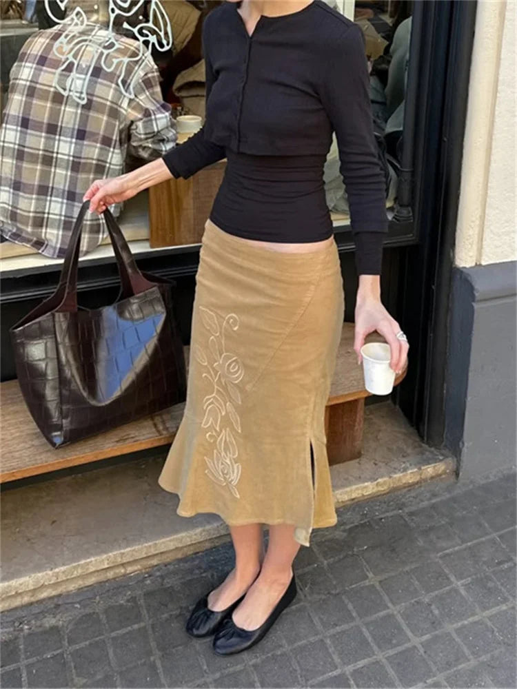 Summer Vintage Printed Long Skirt Female High Waist Commute Side Split Elegant Contrast Clothes Women's Slim Maxi Skirt 2026 New