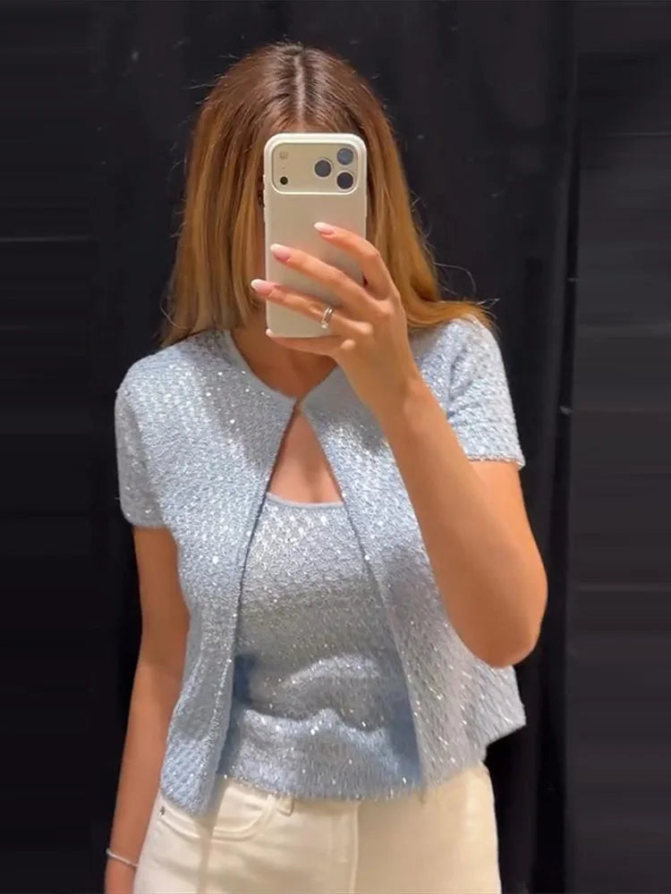 Women's Tank Tops Knitted Sequined Vests Summer Female Square Collar Sleeveless Backless Bodycon Crop Top Chic Lady Knitwear New