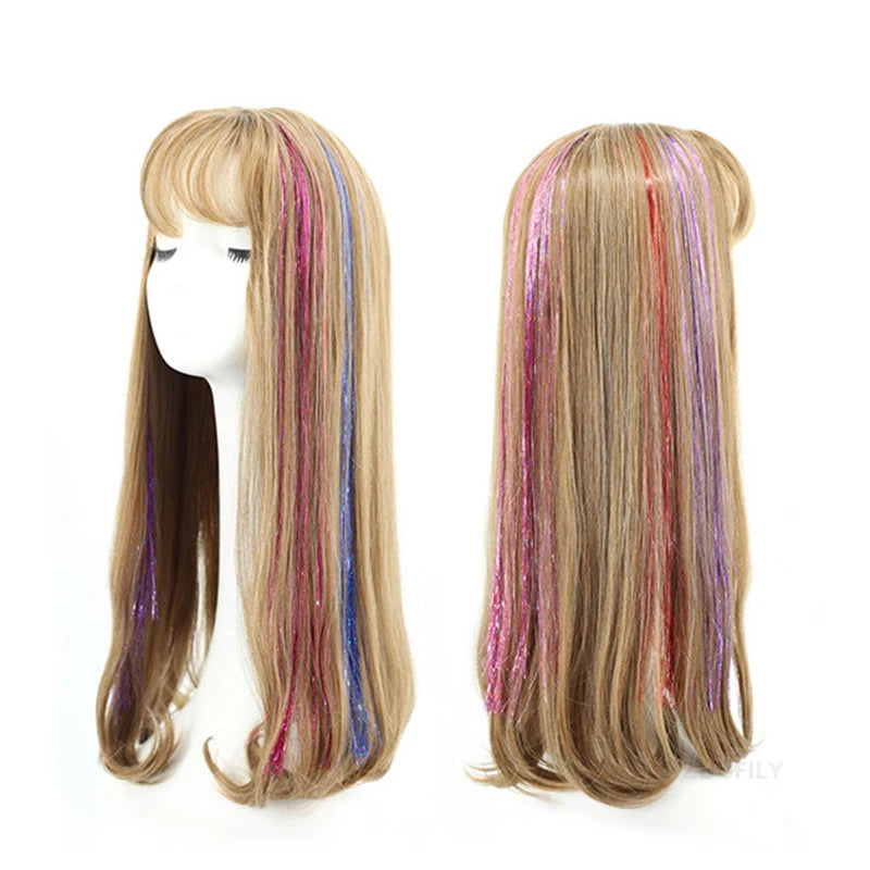 Laser Holographic Hair Tinsel Extensions Rainbow Metallic Shiny Glitter Hair Strand Sparkly Synthetic Hair for Braiding Festival