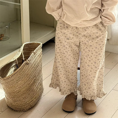 deer jonmi 2026 New Spring Baby Girls Wide Leg Pants Floral Printed Korean Style Corduroy Ruffles Toddlers Kids Casual Trousers