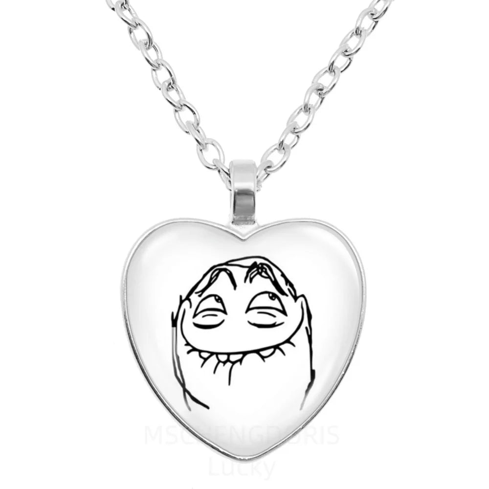 Rage Comic Necklace Derp Face Trollface Funny Meme Cartoon Glass Heart Shape Pendant Chain Necklace Charm Jewelry Collect Gift