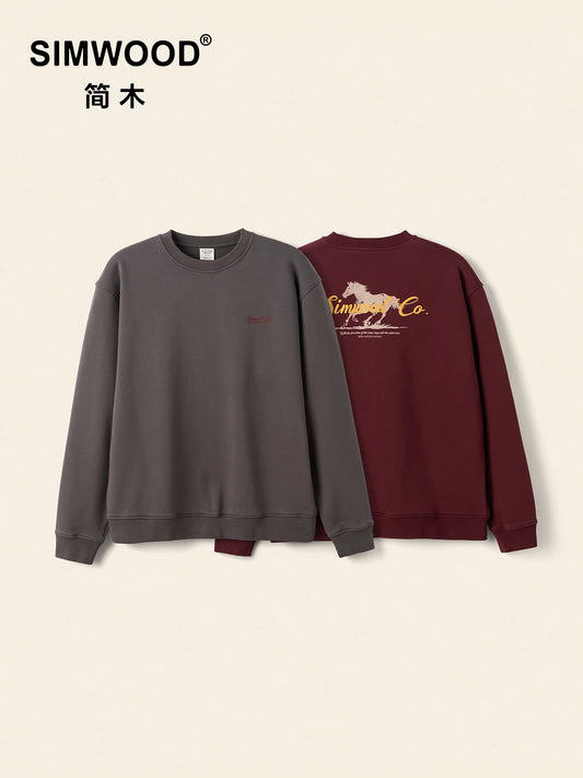 SIMWOOD 2026 Spring New【Short Length Oversize】360gsm Fabric Year of the Horse Chinese Zodiac Graphic Crewneck Sweatshirt Men