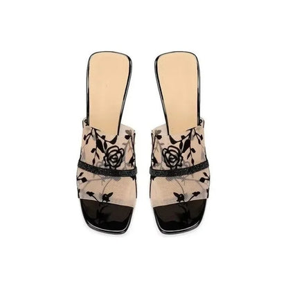 Design Sense: Niche Cool Slippers, Women's Slim Heels, Sexy and Charming Mesh, Chinese Style Floral High Heels, Exposed Toes