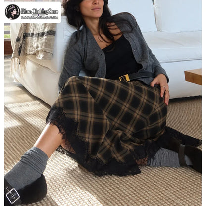Women's Lace-Trim Asymmetric Plaid Skirt