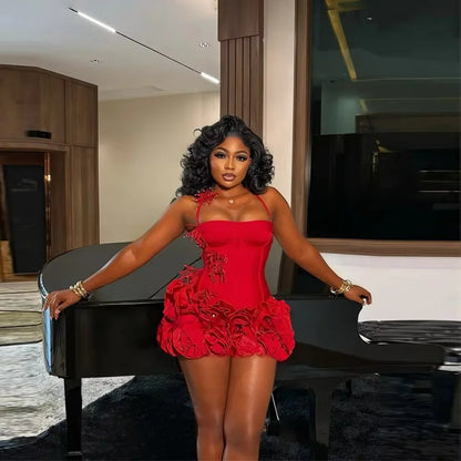 Luxury Red Halter Prom Party Gown Corset Top And Rose Mini Skirt Two Pieces Club Dance Party Homecoming Customized