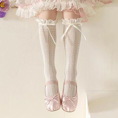 Girls Long Tube Lace Stockings Sweet Bow Jacquard Pattern Mesh Sock Baby Girl Ballet Fishing Net Frilly Socks Lolita Leggings