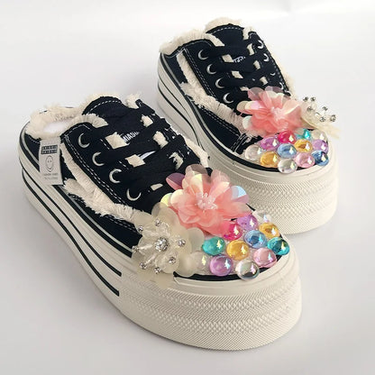 High Quality Shiny Sequined Slippers Flat Shoes Crystal Pearl Studs Canvas Shoes Loafers Shiny Women's Vulcanized Slippers
