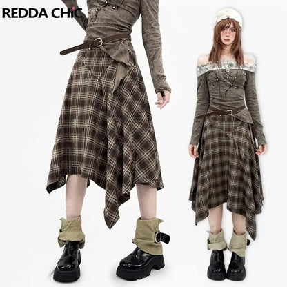 REDDACHiC Off Shoulder T-shirt Skirt Women Set Long Sleeve Top Irregular Ruffle Belted Midi Long Plaid Skirt Alt Vintage Clothes