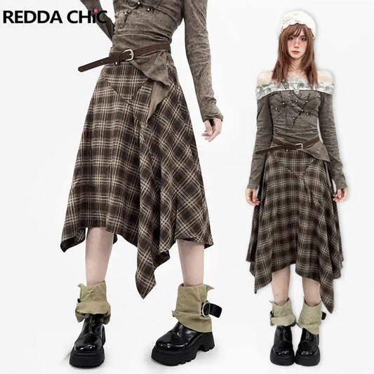 REDDACHiC Off Shoulder T-shirt Skirt Women Set Long Sleeve Top Irregular Ruffle Belted Midi Long Plaid Skirt Alt Vintage Clothes