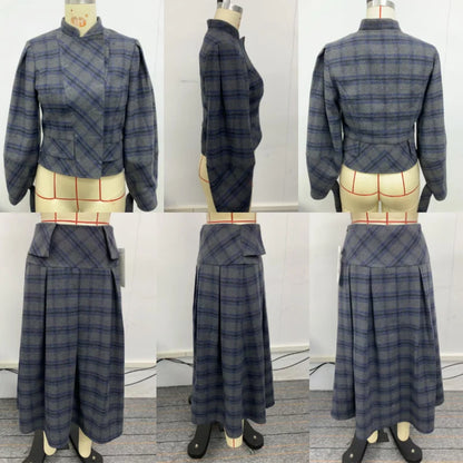 Women Vintage Plaid Office Party 2 Piece Sets Stand Collar Double Breasted Bubble Sleeves Jacket & High Waisted Midi Skirt Suits
