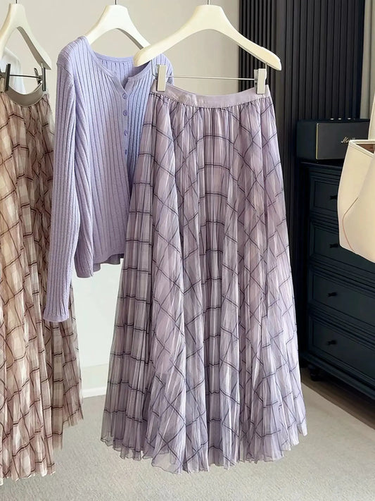Retro Plaid Print Tulle Maxi Skirt for Women, Spring Summer High Waist Slim A-Line Pleated Midi Skirt, Flowy Ball Gown Style