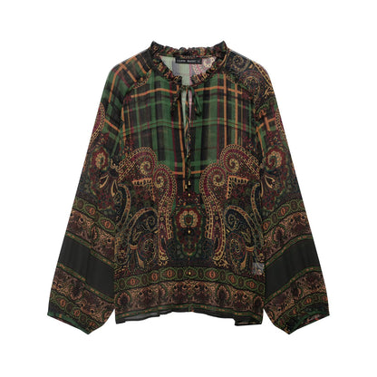 Winter new fashionable long sleeved round neck layered decorative printed shirt asymmetrical hem MIDI skirt set