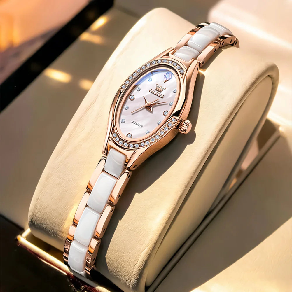 OLEVS Brand New Quartz Watch for Woman Elegant Luxury Ceramics Steel Strap Fashion Oval Diamond Dial Women's Waterproof Watches