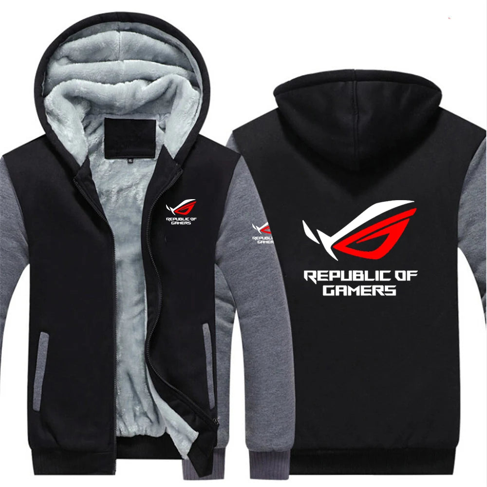 2025 Autumn Winter Cardigan Long Sleeve Thickened Hoodies Men's ROG Republic Of Gamers Print Cold-Proof High Street Hooded Coats
