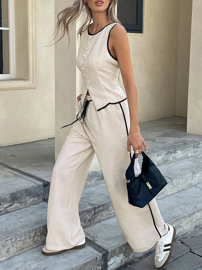 2026 Summer Female Vest Pants Set Solid Sleeveless V-Neck Top High Waist Casual Loose Pant Two-piece Set Office Lady Suit Street