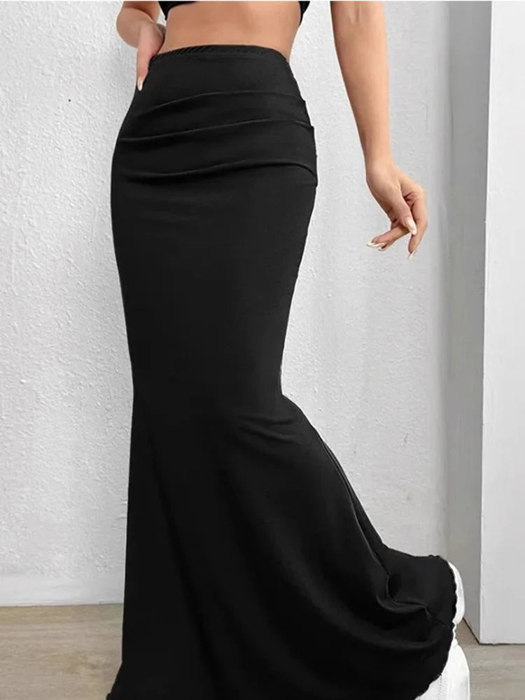 Solid Bodycon Ruched Long Skirt Women Sexy Black Elastic Elegant High Waist Mermaid Maxi Skirts Summer Streetwear