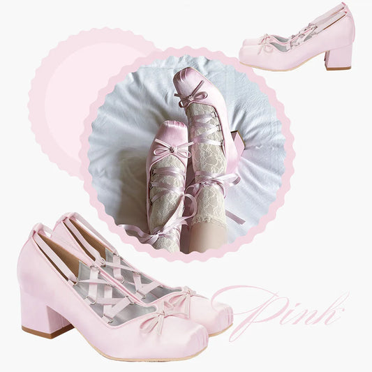 Brand Big Size 43 Square Heels Pink Cross-tied Ballerina Pumps Satin White Lace-up Sweet Lolita Mary Janes Ballet Shoes Women