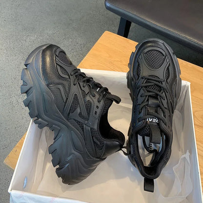 Women New Fashion Platform Sport Shoes Women Summer Black Casual Chunky Sneakers Women Mesh Leather Platform Shoes