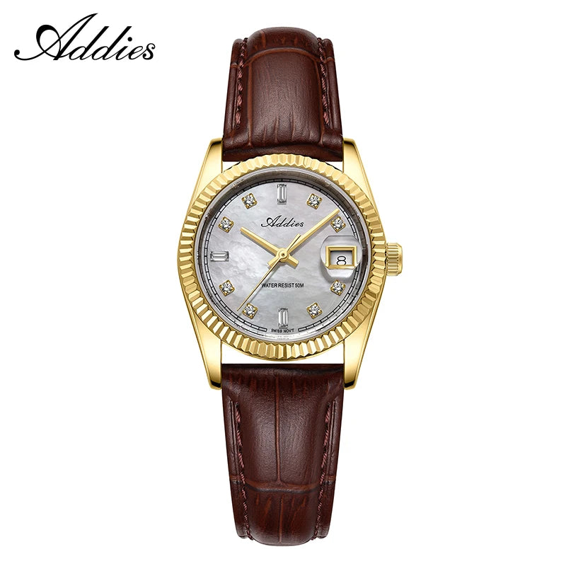 Addies Ladies Dress Watch Movement Mother-Of-Pearl Dial 28mm Sapphire Czech Rhinestone 50m Waterproof Sport Women Quartz Watch
