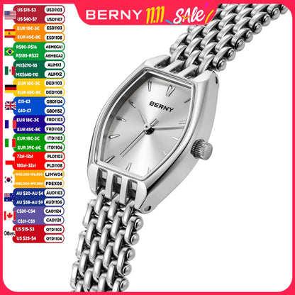 BERNY Watches for Women Slim Elegant Ladies Quartz Watch Casual Stainless Steel Fashion Lightweight Dress Wristwatch