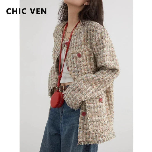 CHIC VEN Women Coat Single Breasted Retro Loose Jacket Frayed Edge Design Female Top Office Ladies Clothing Autumn Winter 2026