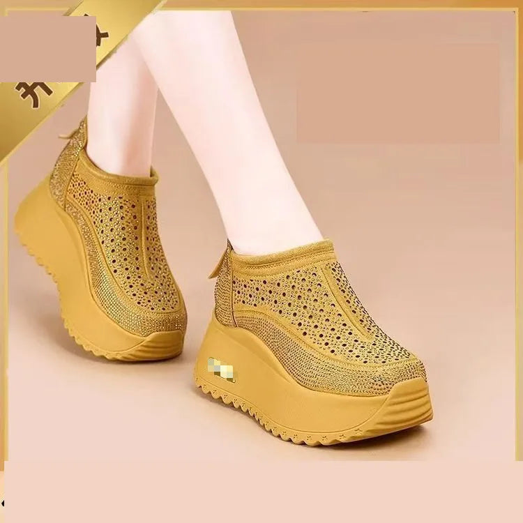 Hollow Sandals Rhinestones Fashion Genuine Leather Women Chunky Sneakers Female Summer Height Increasing Ladies Shoes