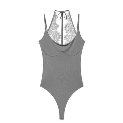 Women's Bodysuit 2026 New Fashion Spring Summer Brown Spliced Lace Bodysuit for Women Chic Personality Spaghetti Strap Bodysuit