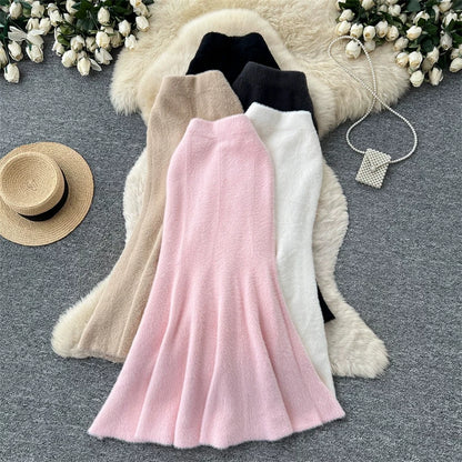 Women Faux Mink Knit Mermaid Skirt High Waist Soft Fuzzy Warm Sweater Skirt Fall Winter Elegant Bodycon Long Midi Skirts 636
