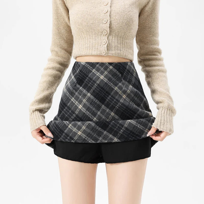 Autumn Winter Woolen Plaid Mini Skirt for Women College Casual All Match Short Skirts Woman Thicken Warm High Waist A-Line Skirt