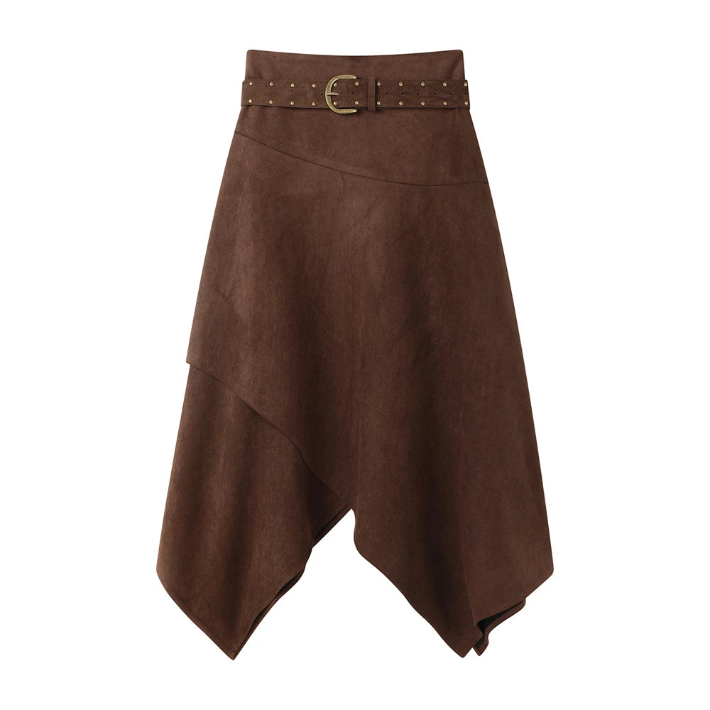 Women's Suede Midi Irregular Skirt With Belt 2000s Aesthetic French Vintage Party A-line High Street Design Maillard Korean New