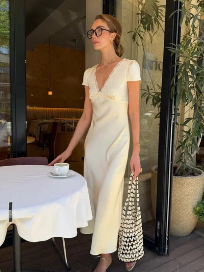 Women Elegant Satin Lace Trim Midi Dress Solid Lace Patchwork Short Sleeve V-neck Summer Dresses 2026 Summer New Holiday Robes