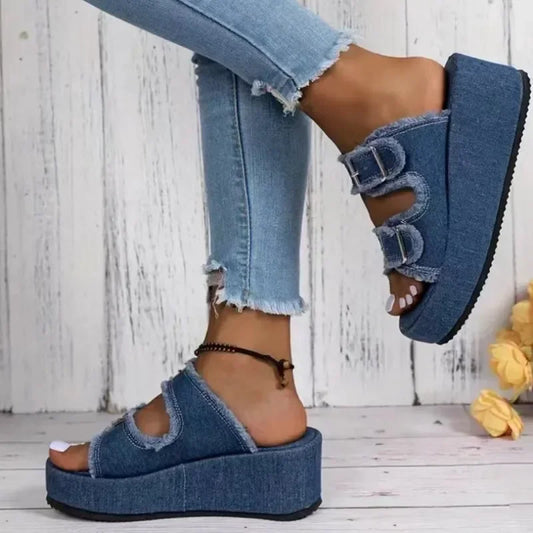 Cowboy Wedges Slippers Shoes Women High Heels Platform Sandals Buckle Flip Flops 2026 Summer Fashion Pumps Zapatos Mujer Slides
