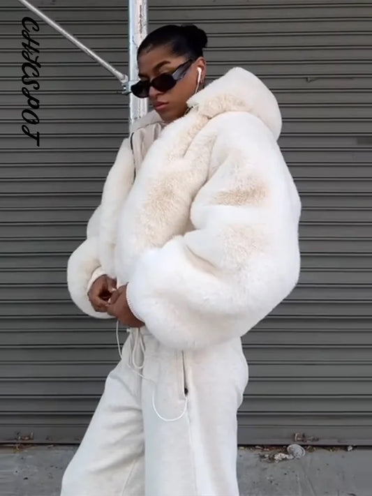 Women's Hooded Faux Fur Zip Jacket