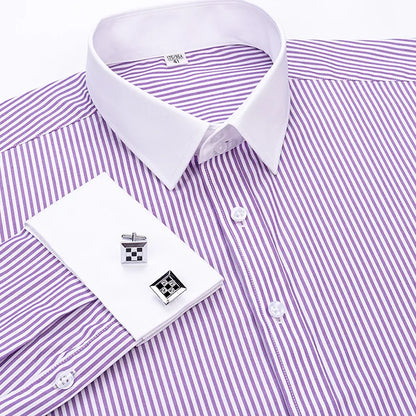 2026 Men's French Cufflink Shirt Slim-fit Colored Collar Business Dress Men's Long Sleeve Striped Shirt Collar