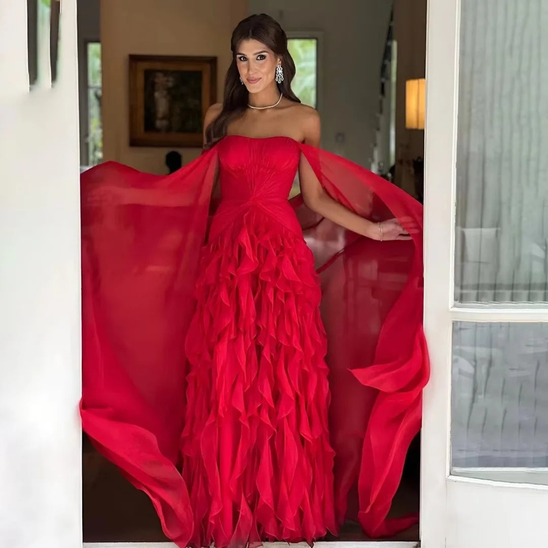 Luxury Red Strapless Formal Evening Dresses Chiffon Ruffled Skirt With Flowing Cape Sleeves Floor Length Wedding Guest Prom Gown