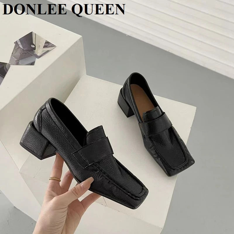 Women Casual Loafers Simple Style Square Toe Low Heels Pumps Fashion British Moccasin Female Slip On Shoes For Party Dress Mujer