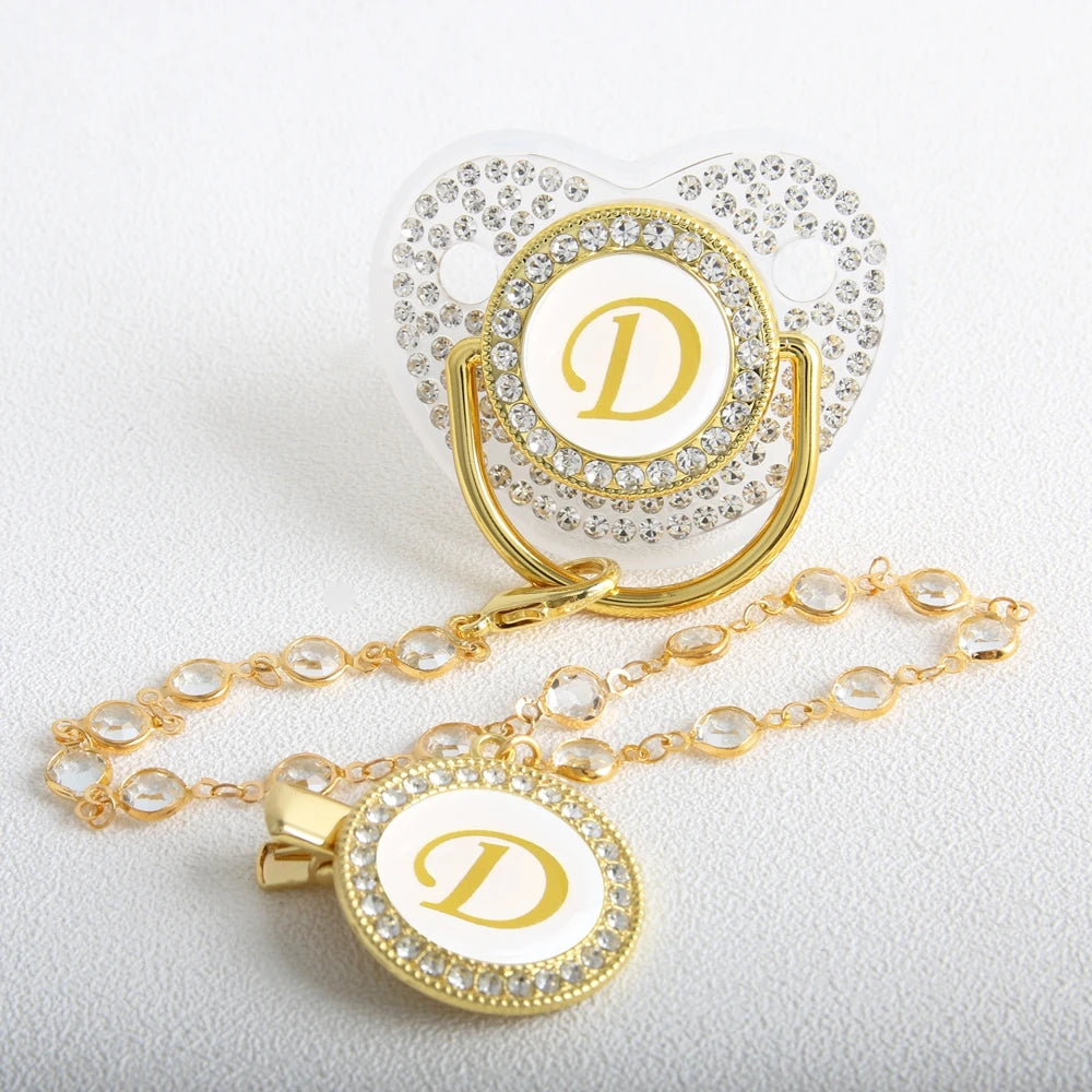 Transparent 26 Initial Letter Luxury Baby Pacifier with Chain Clip Newborn Bling Dummy Soother Chupeta