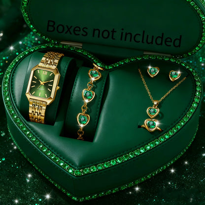 6pcs Elegant Rectangle Women Watches Heart Pendant Jewelry Set Ladies Quartz Wristwatch Reloj Mujer（Without Box）